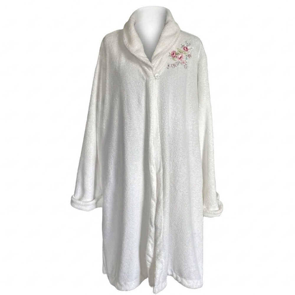 Aria White Terrycloth Robe Muumuu Floral Embroidered XL Grandmacore Cottagecore